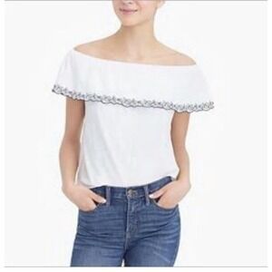 J Crew Top M white embroidered ruffle Off The shoulders blouse cotton knit